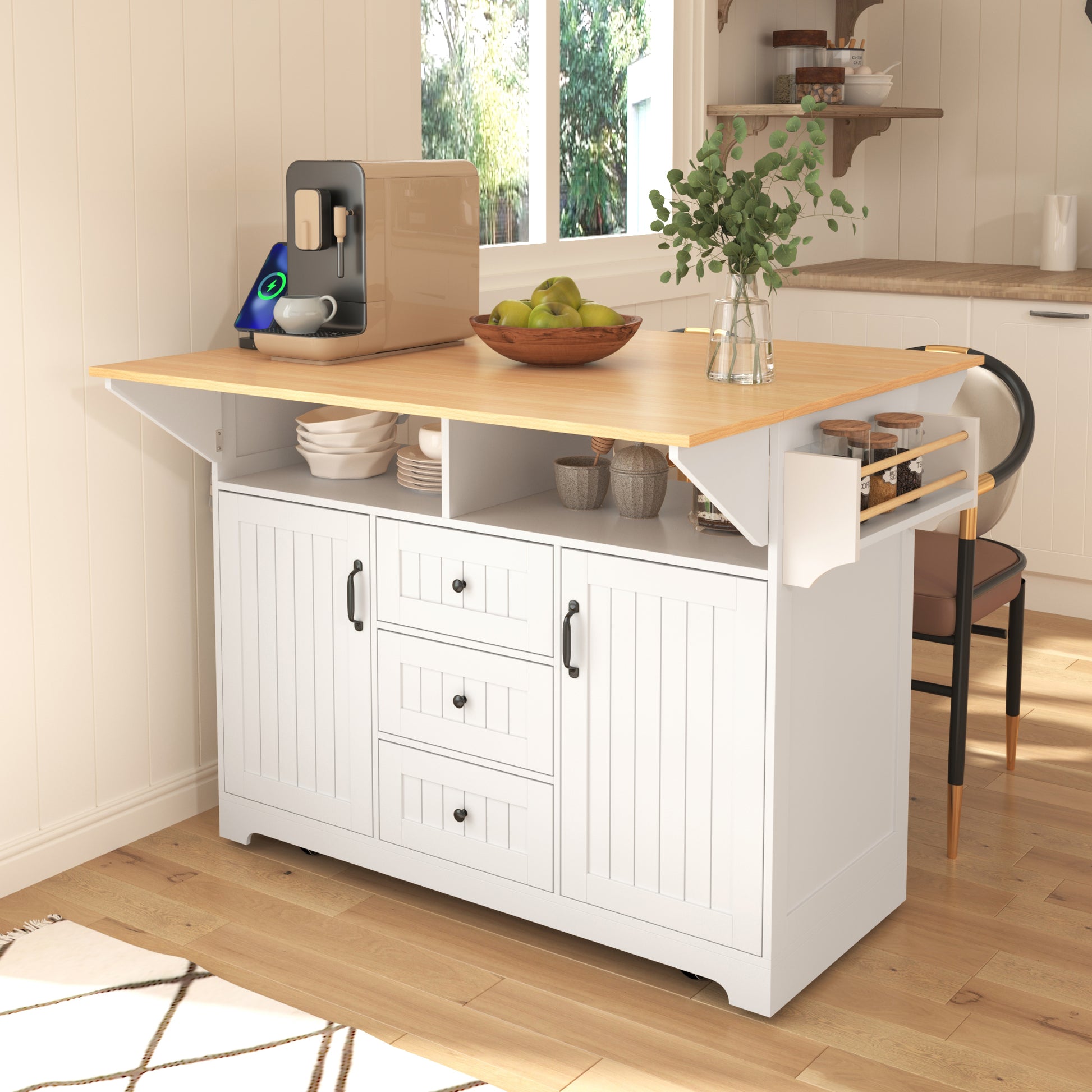 K&k 55.7'' Large Kitchen Island with 2 Drop Leaf - White - primary color shot