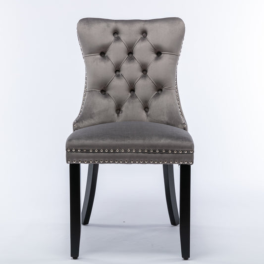 Niki Modern Velvet Side Chair with Nailhead Trim & Black Leg Set of 2 Gray