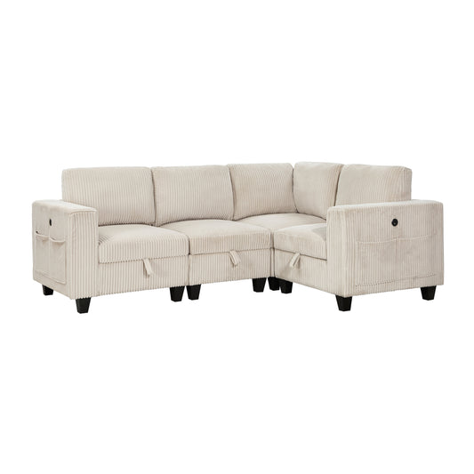 4-Piece Modular Sectional with Storage Seats, Side Pockets, Charging Ports Beige Corduroy Fabric Modern Living Room Sectional Couch Solid Wood Furniture - detail view 2