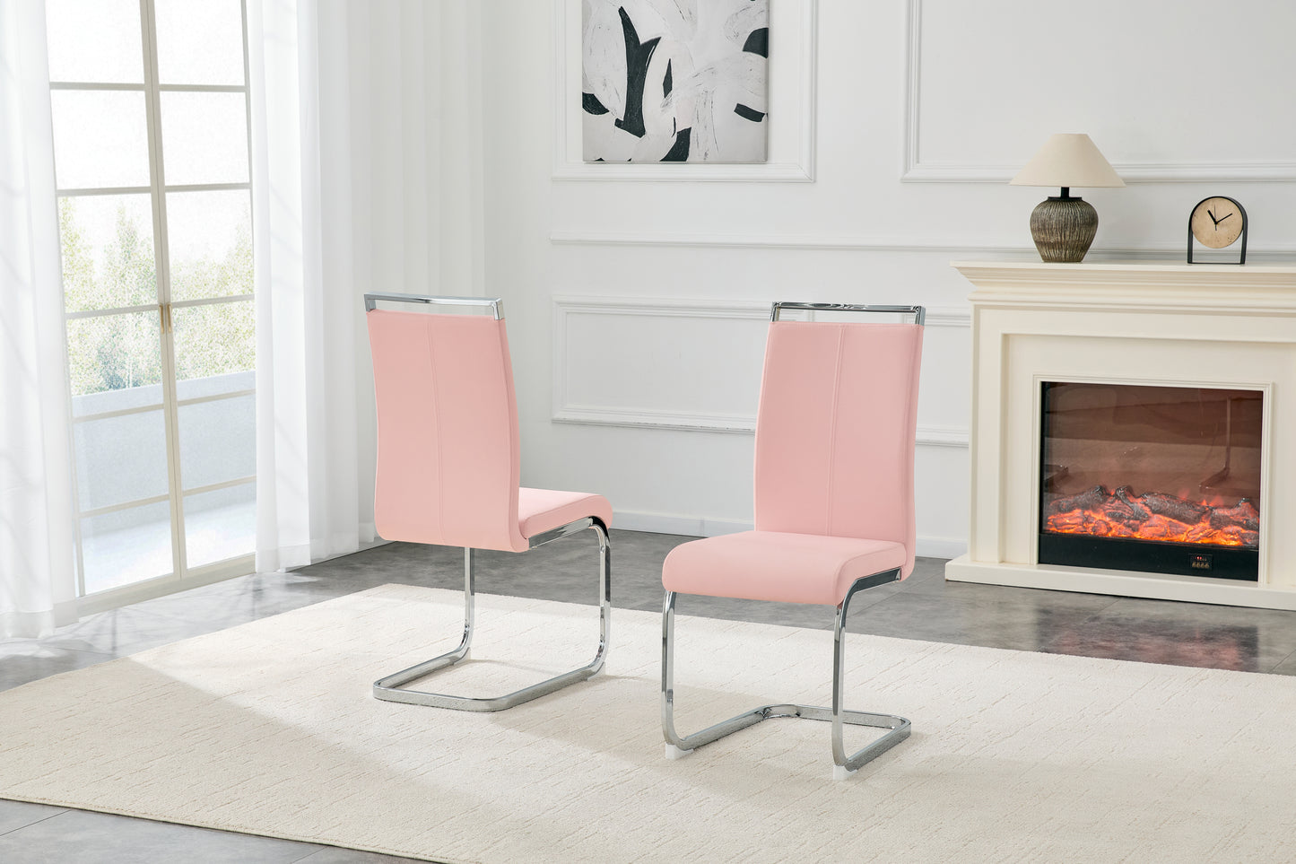 White Upholstered Fabric Dining Chairs with Silver Legs (set of 2) - primary color shot