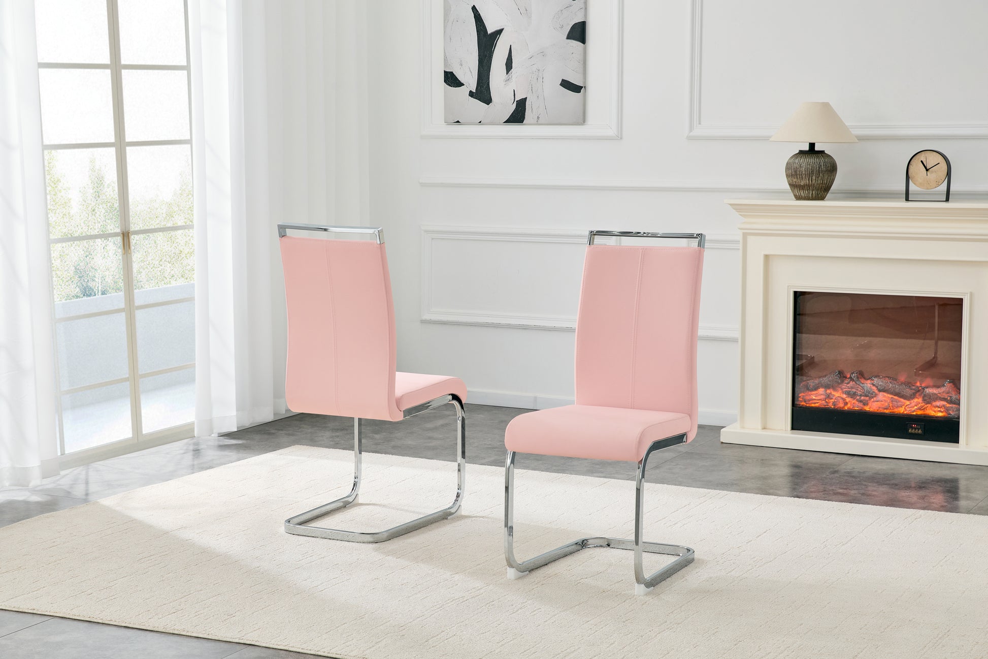 White Upholstered Fabric Dining Chairs with Silver Legs (set of 2) - primary color shot