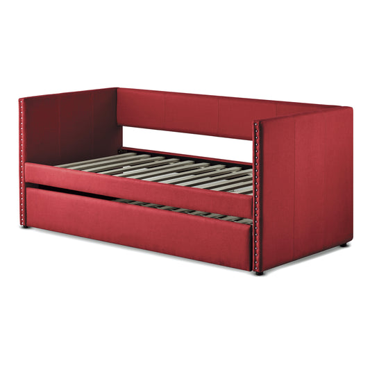 Maverick Red Fabric Upholstered Day Bed with Pull-out Trundle Nailhead Trim Wood Frame Furniture