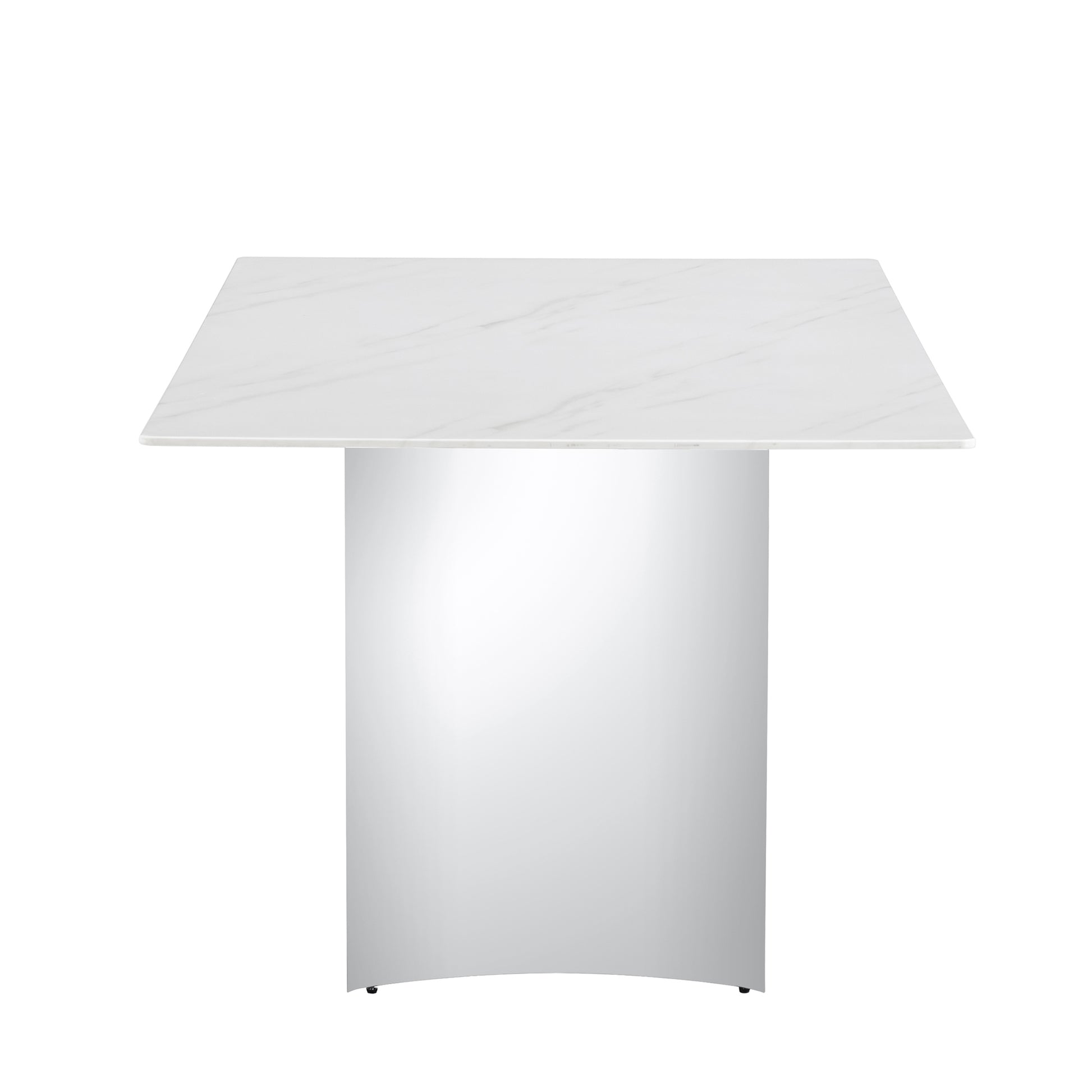 Modern Minimalist Dining Table with White Imitation Marble Glass Surface & Silver Metal Legs - detail view 7