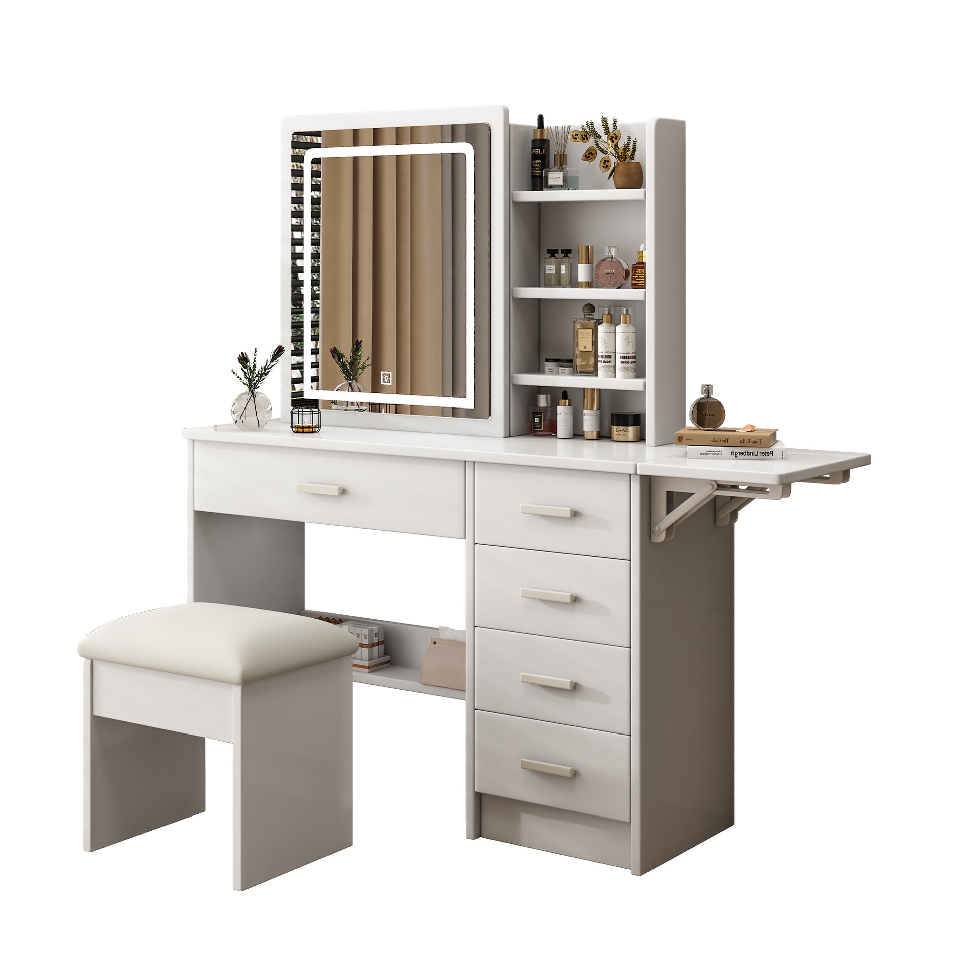 Contemporary White Bedroom Vanity Set with LED Mirror