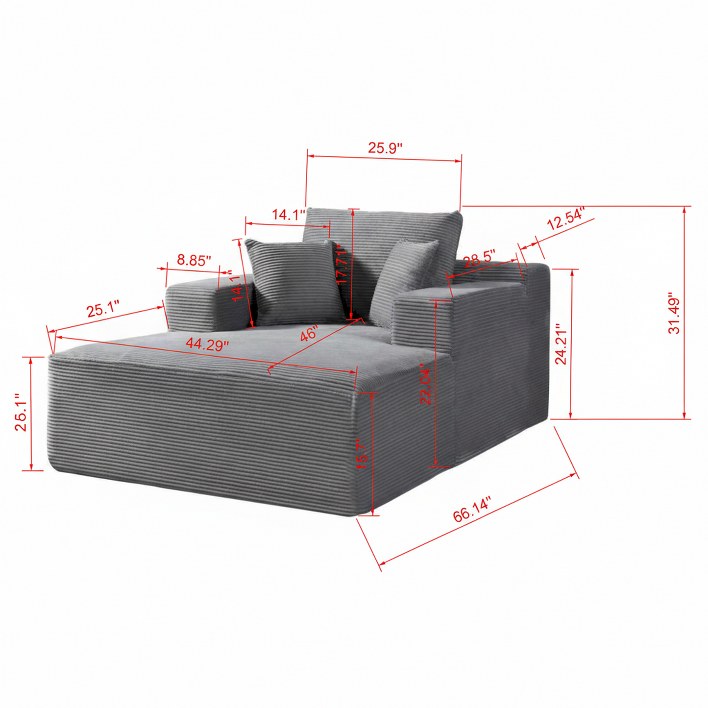 Convertible Chaise Lounge Chair Indoor – Oversized Corduroy Couch with Wide Armrest & Throw Pillows - Grey - detail view 3