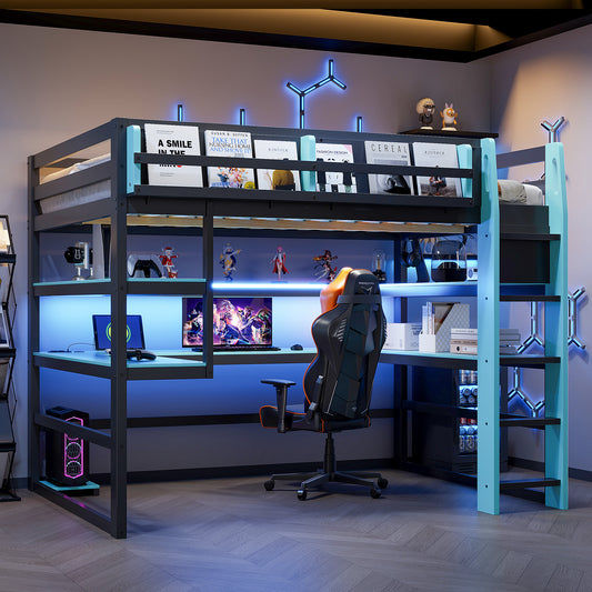 Full Size Wood Loft Bed with Desk - Blue - primary color shot