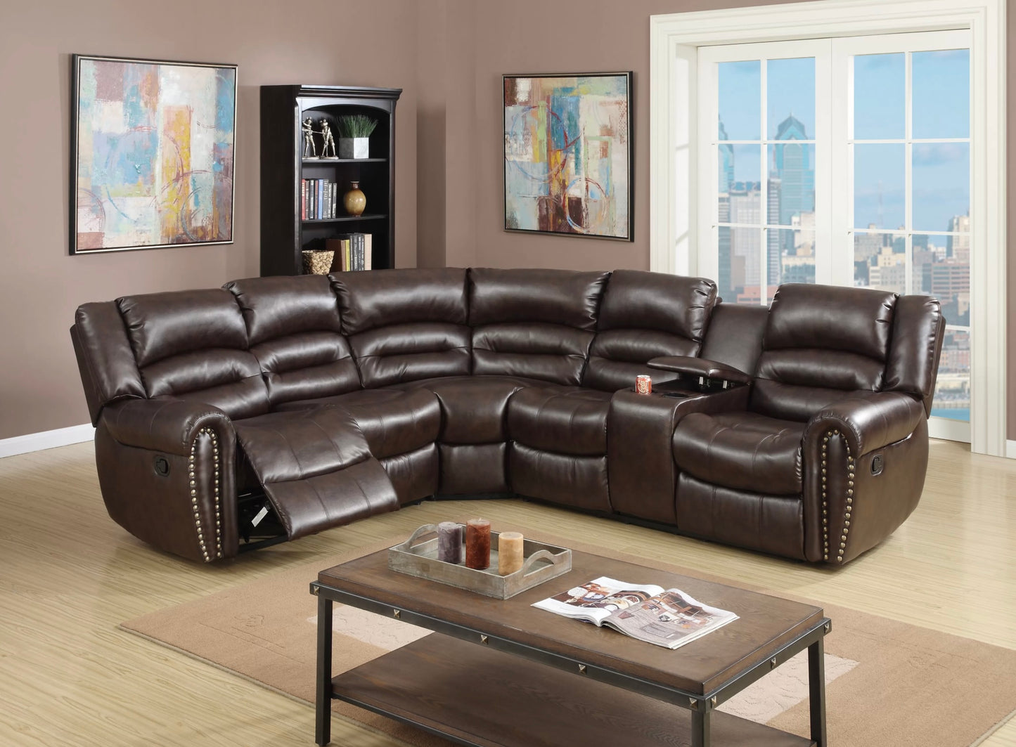Century Leather Motion Sectional with Cup Holders
