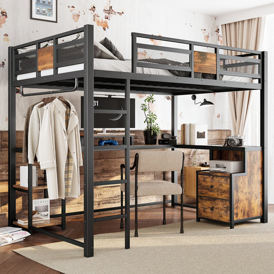 Full Loft Bed with Desk and Storage Non-Woven Fabric Drawers - Black - primary color shot