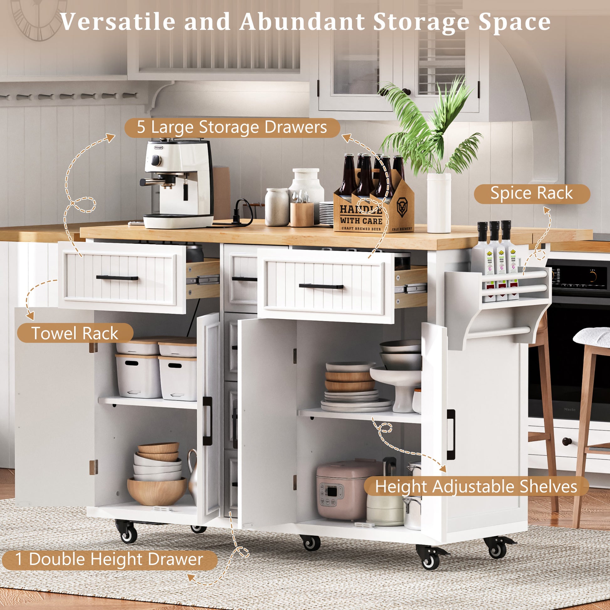 K&k 56.5'' Kitchen Island with Drop Leaf - White - detail view 6