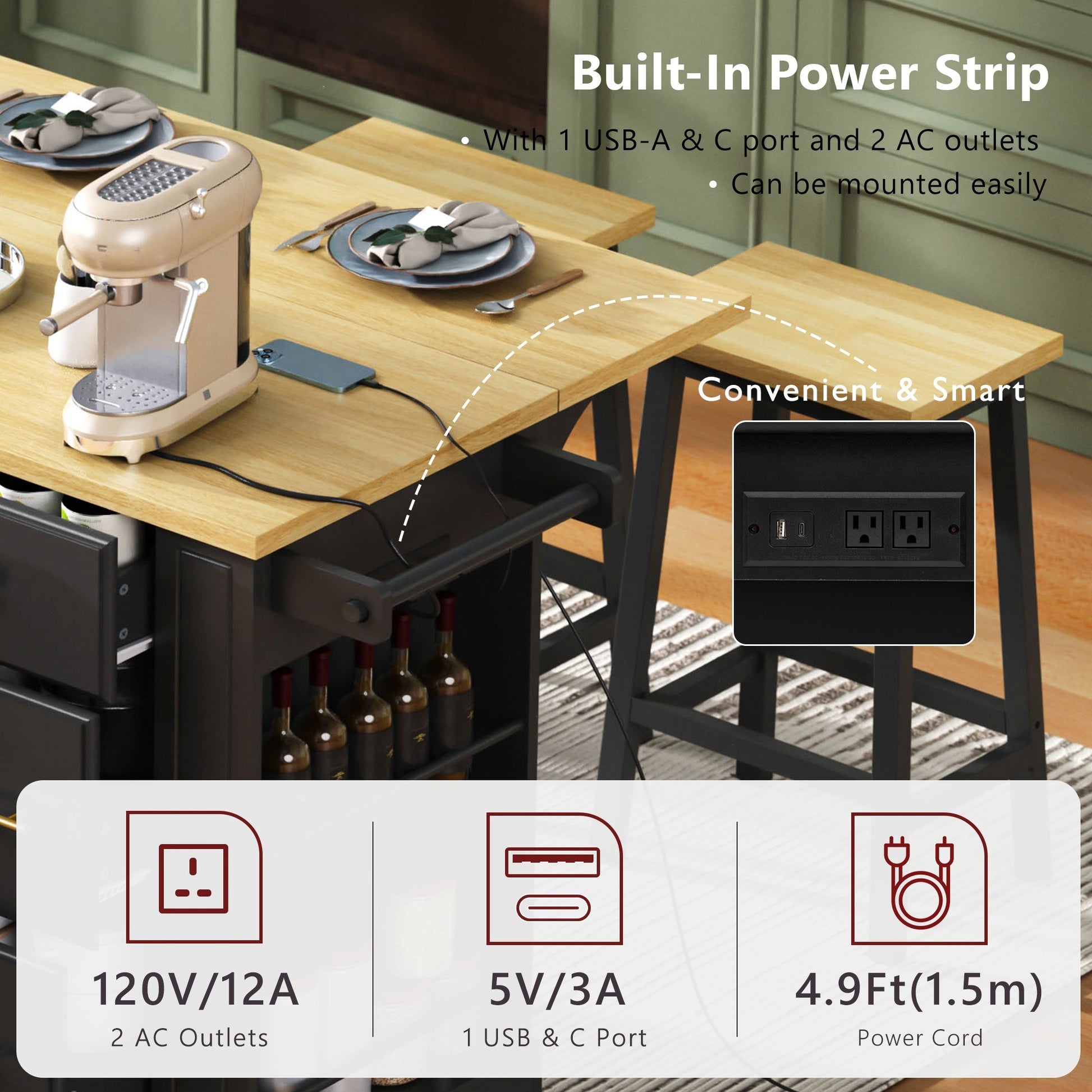 K&k Kitchen Island with 6 Drawers - Black - detail view 6