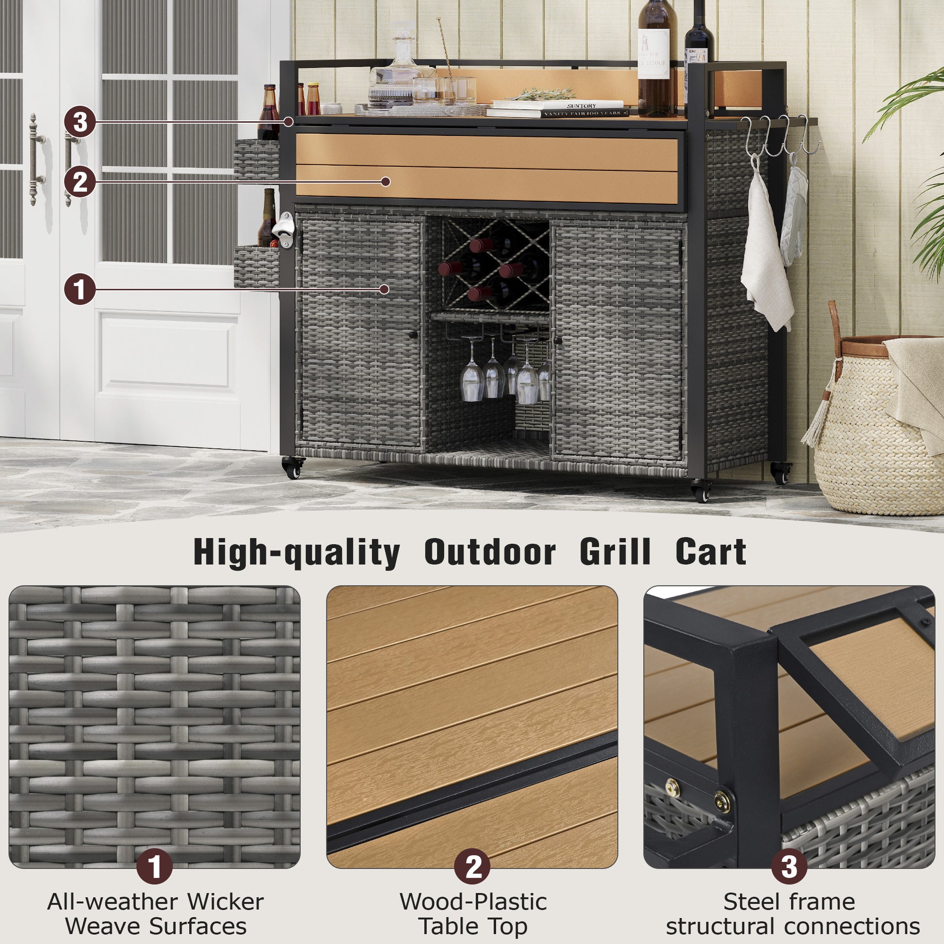 K&k 52.8'w Wicker Outdoor Grill Cart with Extended Plastic Wood Table Top - Grey - detail view 4