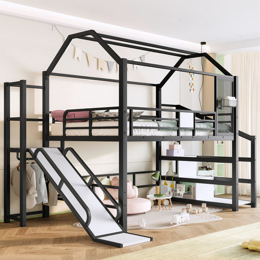 Full House Loft Bed with Slide and Stairs - Black - primary color shot