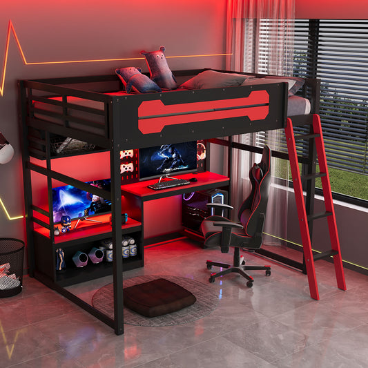 Full Size Wood Loft Bed with Desk - Black+red - primary color shot