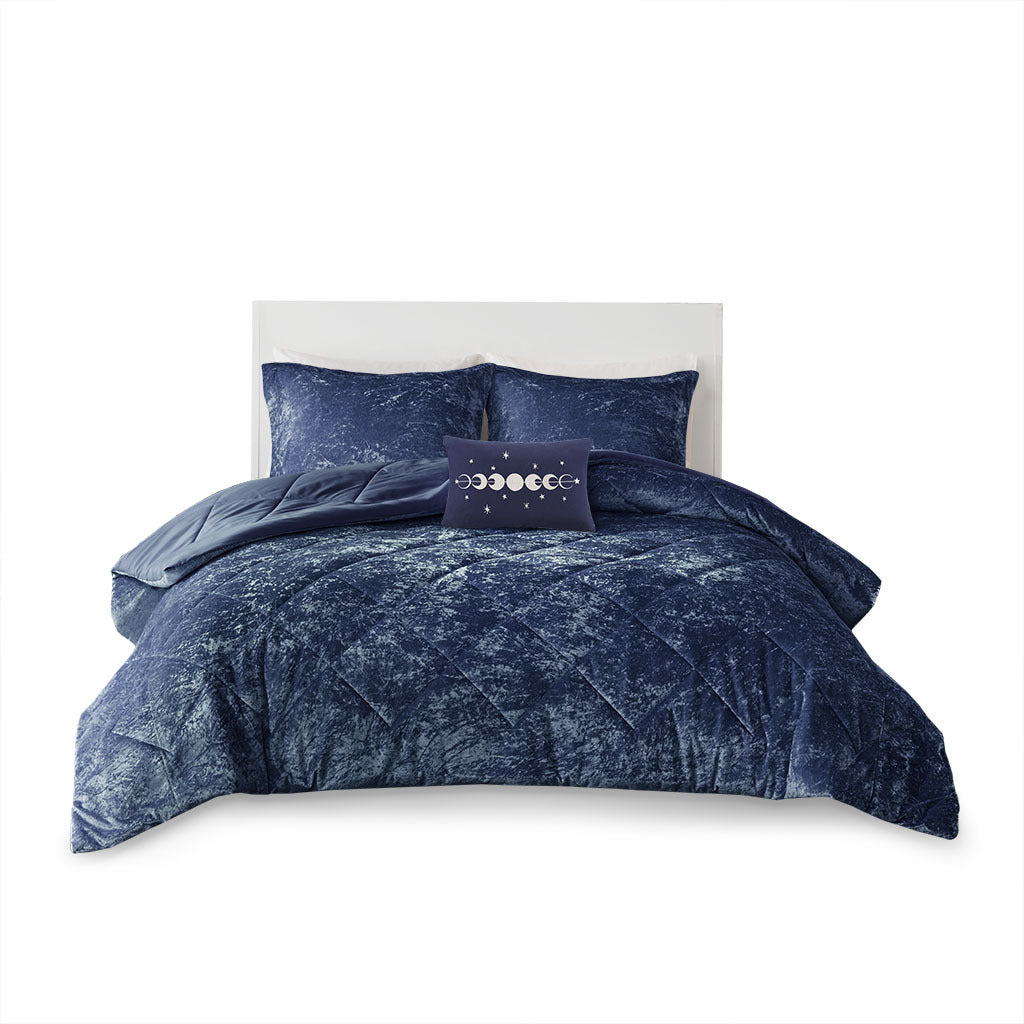 Navy Blue Velvet Comforter Set with Throw Pillow, Blue