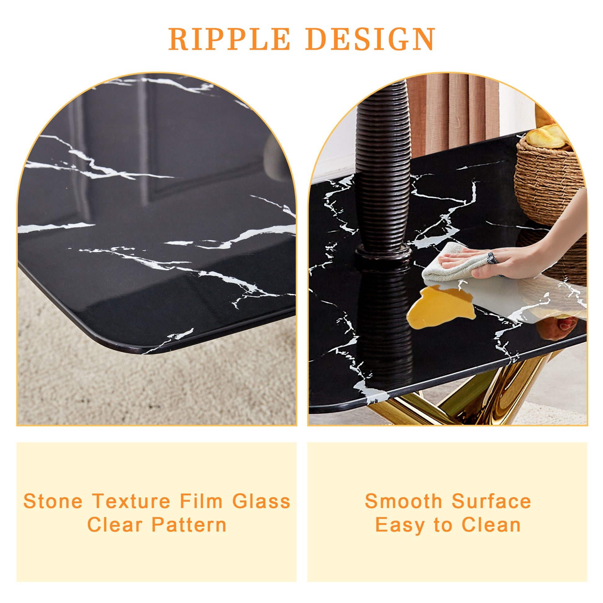 63" Luxurious Black Marble-Patterned Tempered Glass Dining Table.single Fork Golden Metal Table Legs.tempered Glass Table Top - Black & Gold - detail view 5