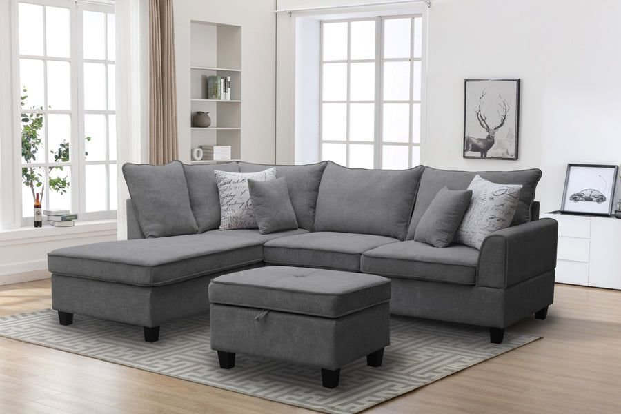 Harmony 99-inch Gray Fabric Sectional Sofa with Left-Facing Chaise, Storage Ottoman, and 4 Throw Pillows - primary color shot
