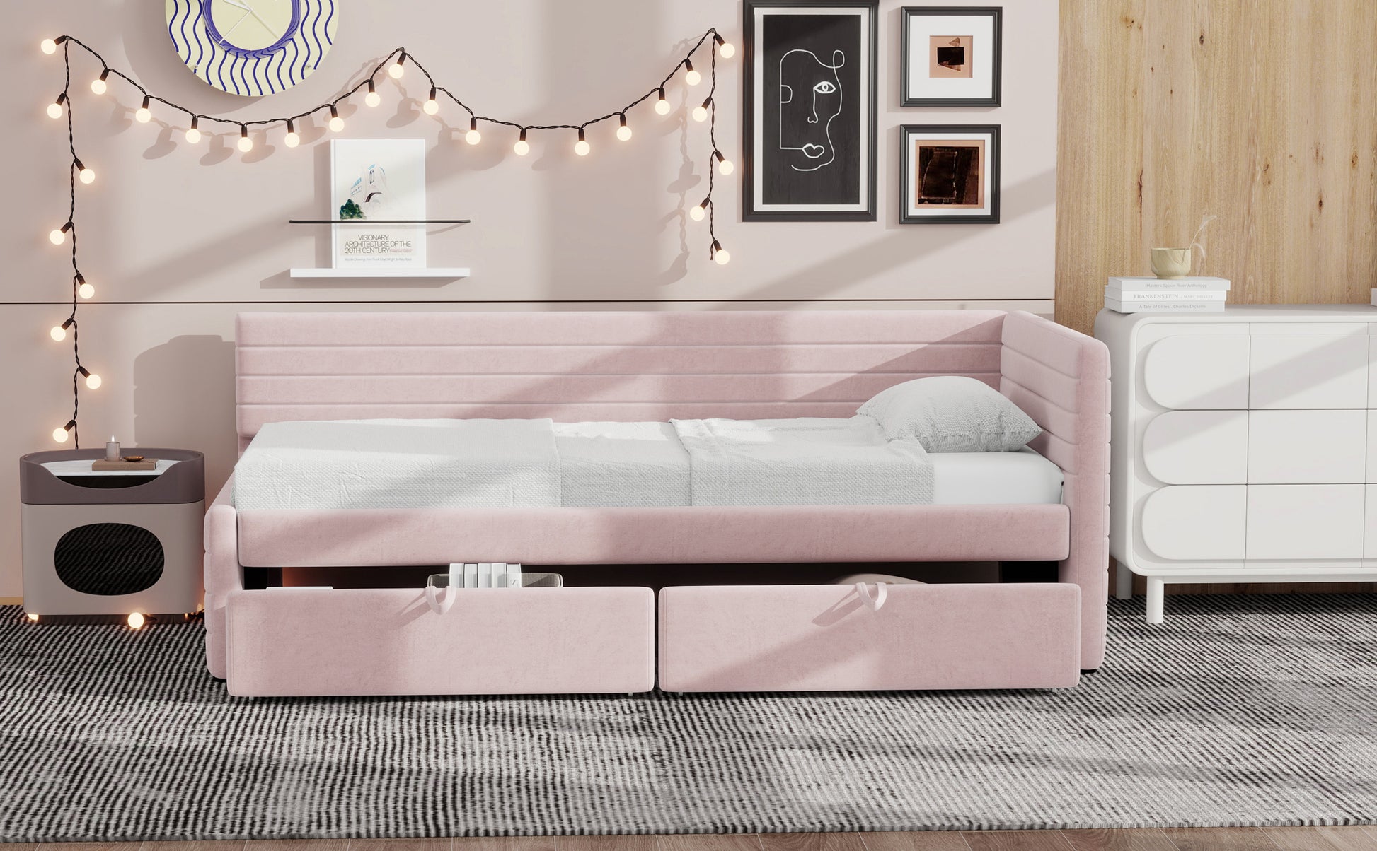 Aya Twin Size Upholstered Daybed with 2 Drawers, Pink
