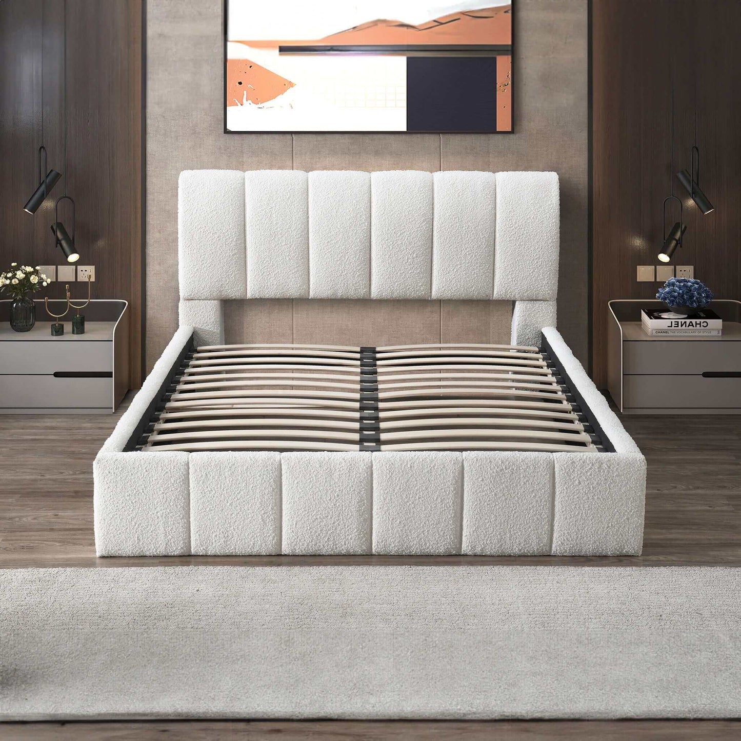 Marilla White Bouclé Upholstered Queen Platform Bed