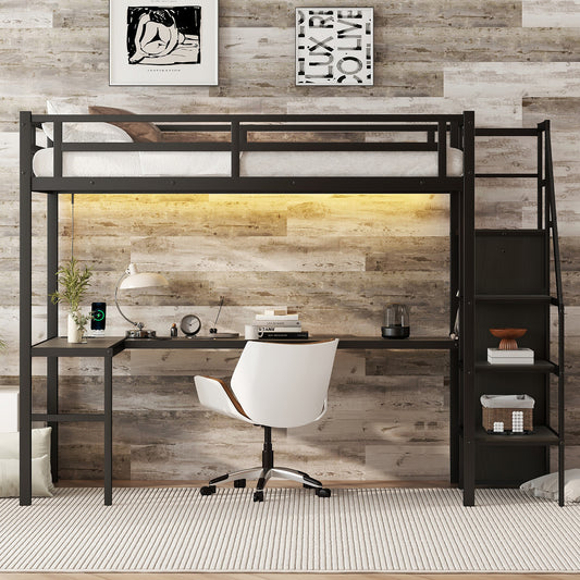 Twin XL Size Loft Bed with L-Shaped Desk and USB - Black - detail view 2