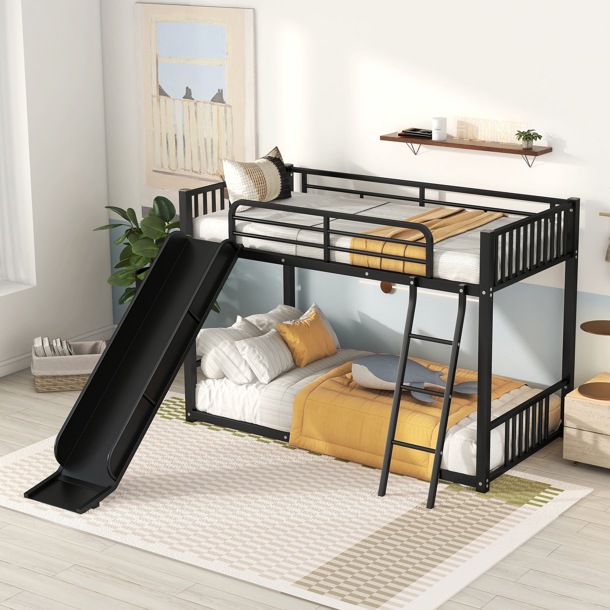 Megan Modern Black Metal Twin Bunk Bed with Slide