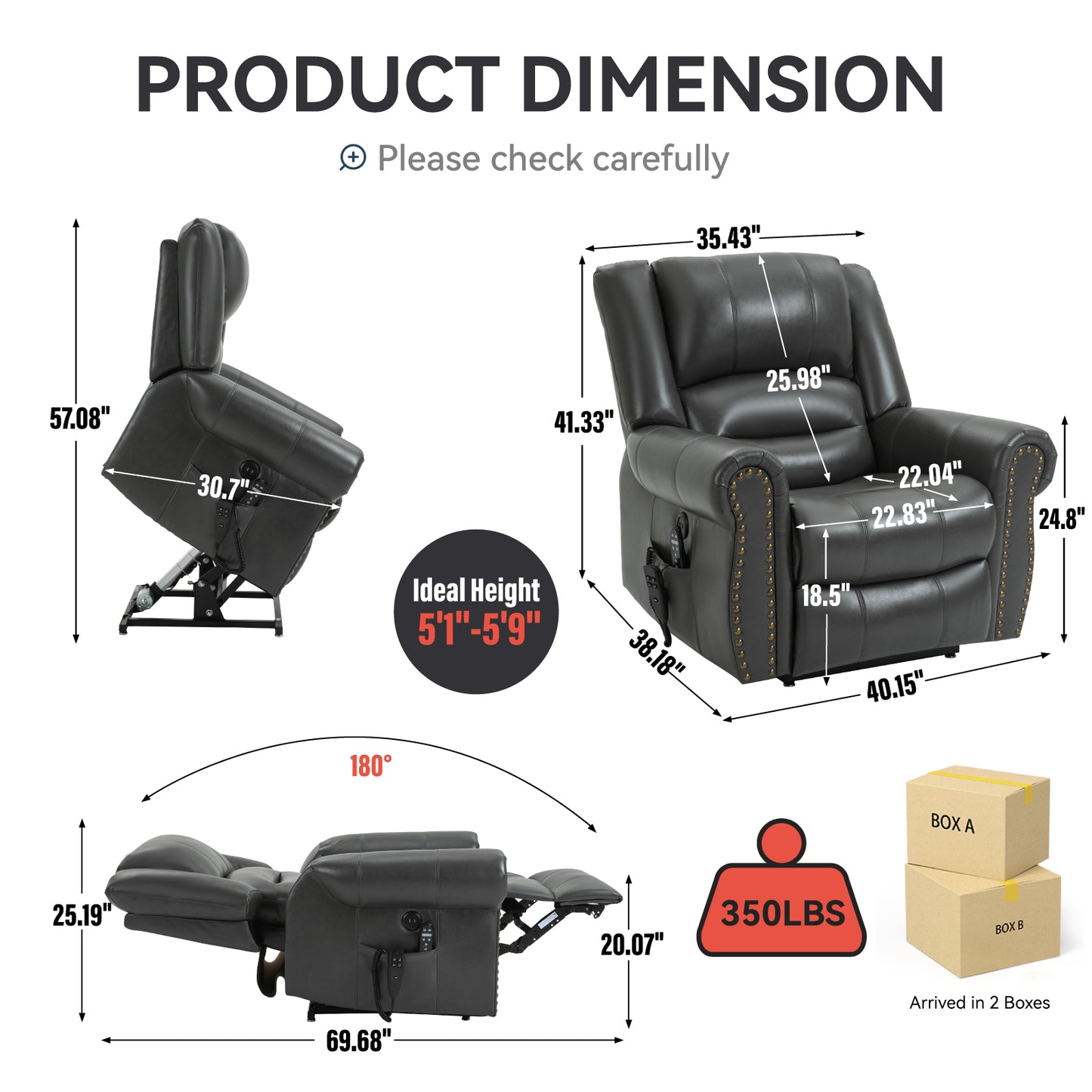 Power Lift Recliner Chair Heat Massage Dual Motor Infinite Position Up to 350 LBS - Grey - detail view 2