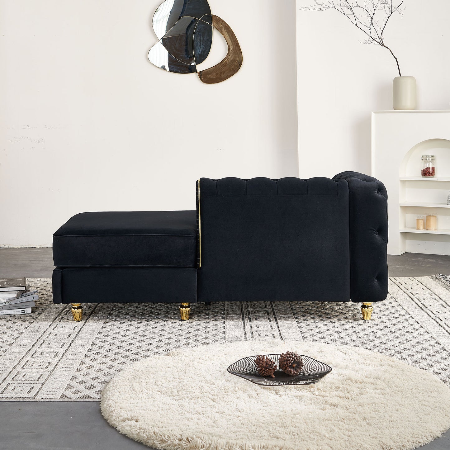 67" W Velvet Chaise Lounge - Black - detail view 6