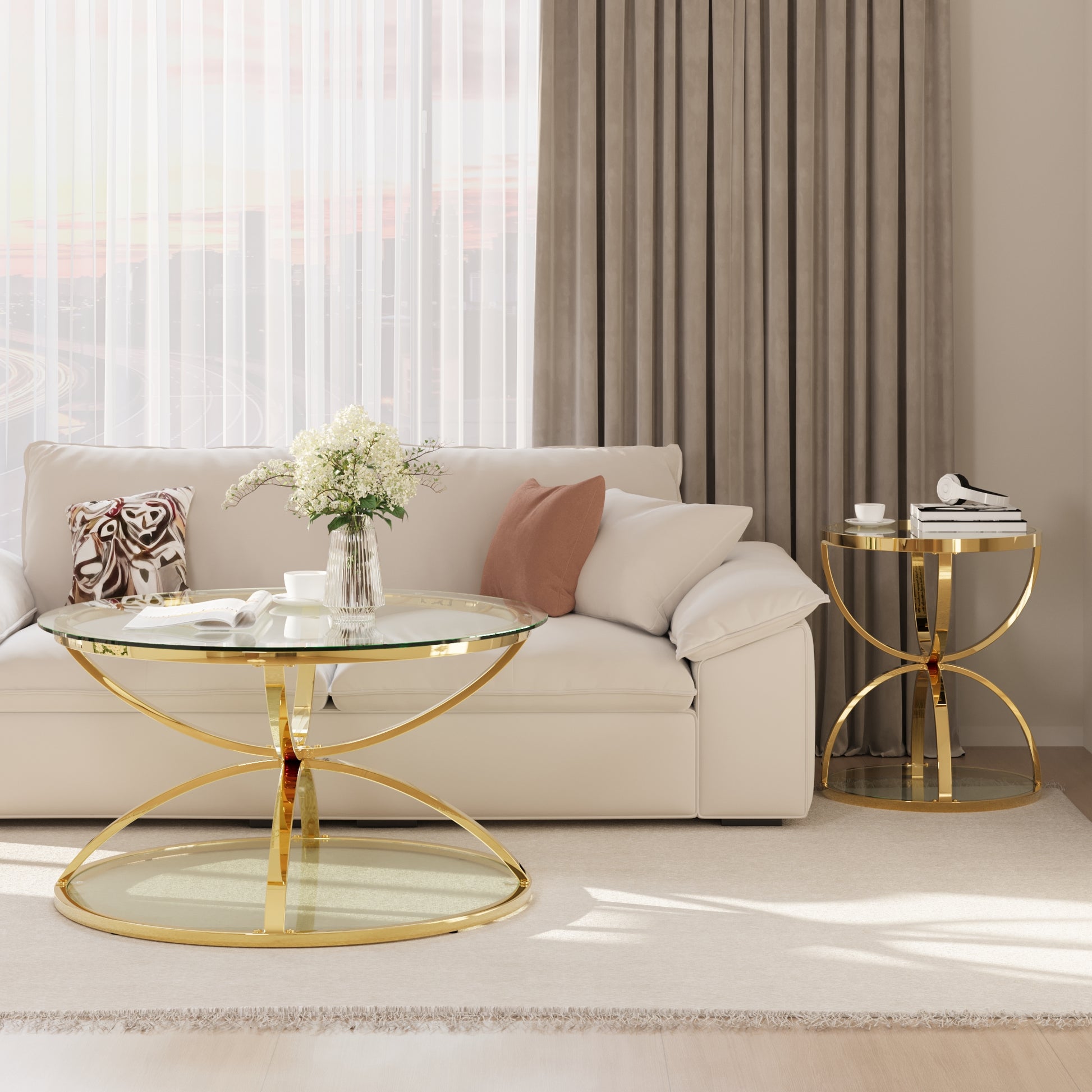 Gold Glass,Iron 2-Piece Accent Table Set with Gold Legs (Set of 2) - primary color shot