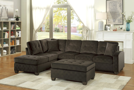 3-Piece Reversible Sectional with Chaise Ottoman Tufted Detail Chocolate Microfiber Upholstered Modern Living Room Furniture L-Shape Sofa - primary color shot