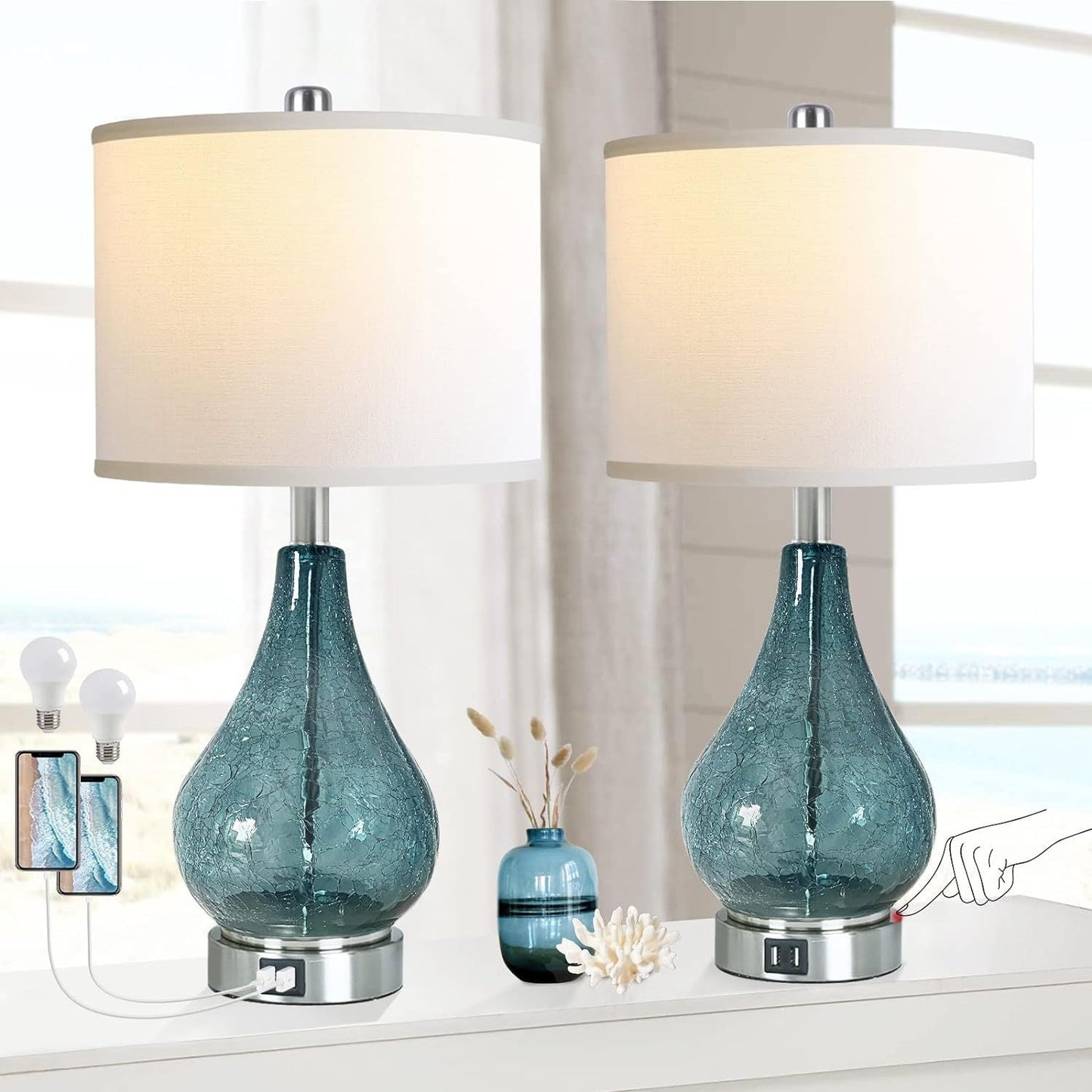 Set of 2 Blue Glass Table Lamps with 3-Way Dim