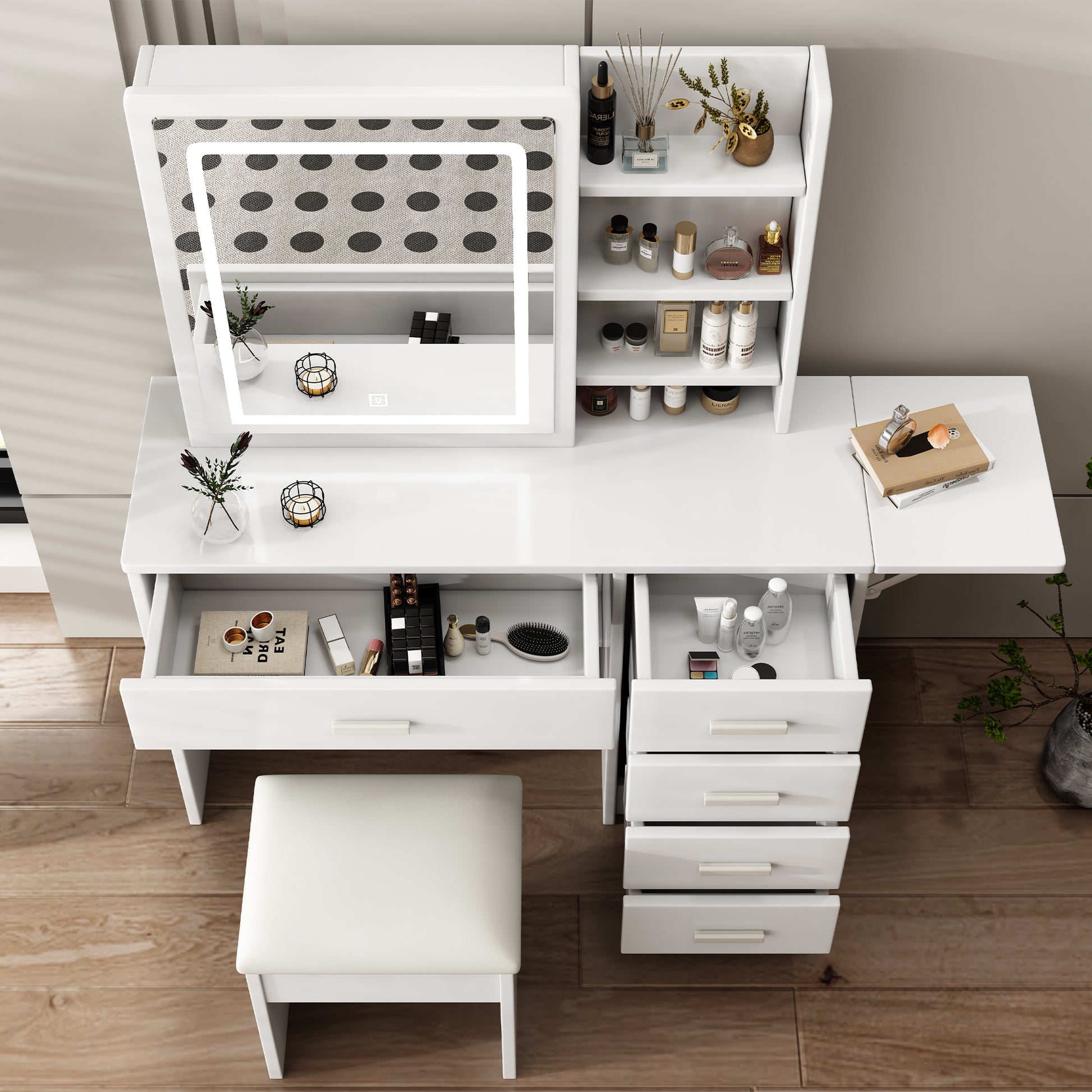Contemporary White Bedroom Vanity Set with LED Mirror