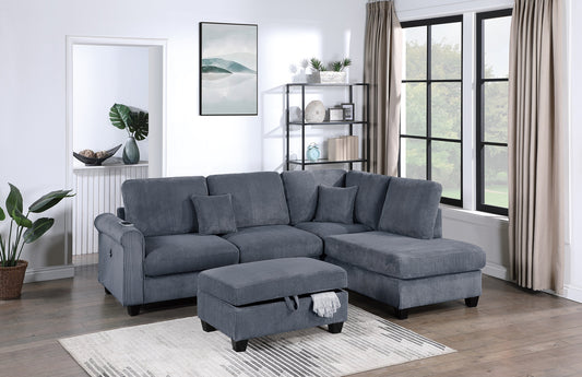 Contemporary Dark Gray 3pc Sectional Set Corduroy Upholstered LAF Sofa RAF Chaise Ottoman L-Sectional Living Room Furniture - primary color shot