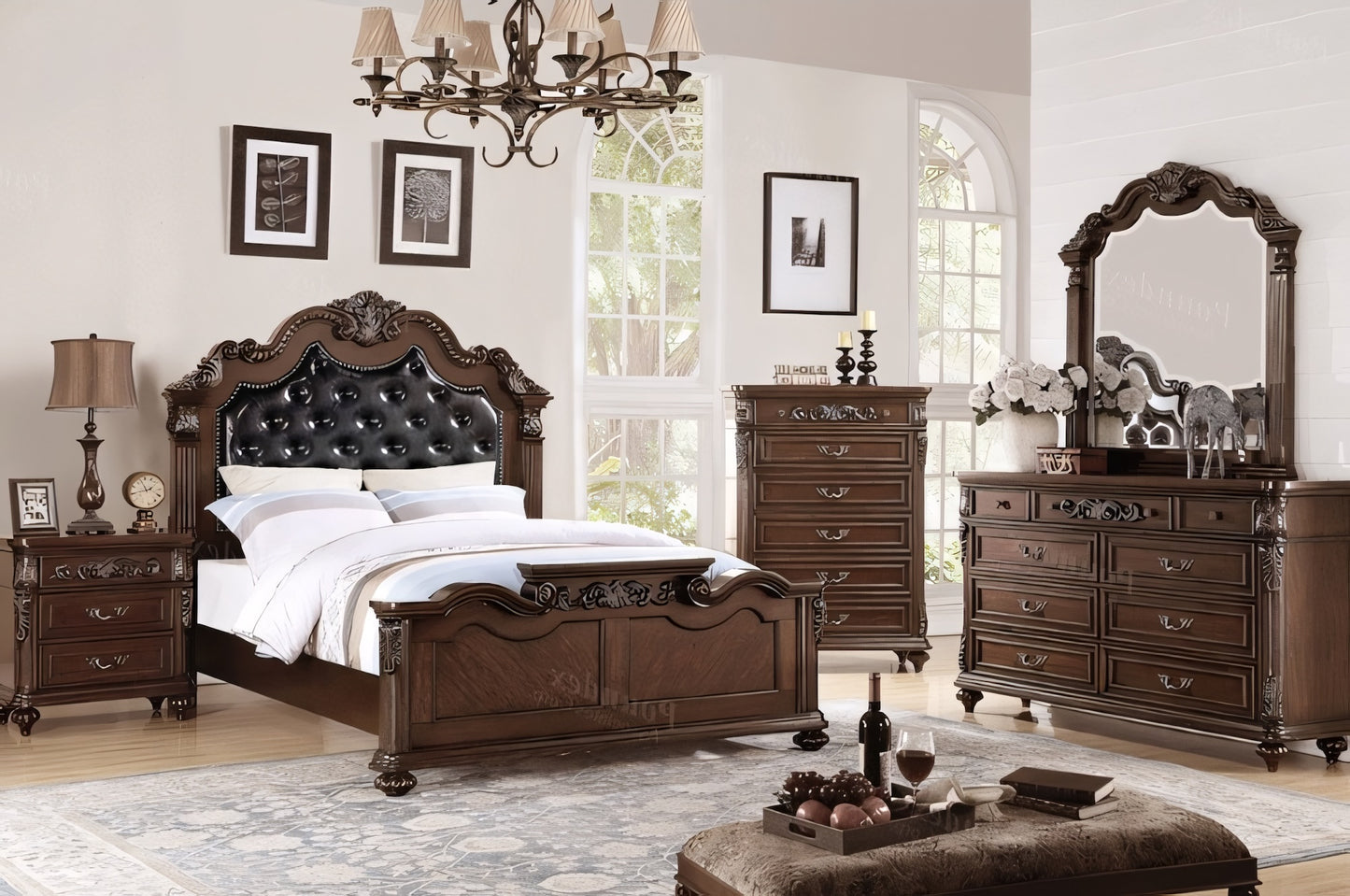 Terrell Traditional Queen Camelback Bed with Padded Headboard - Brown Cherry