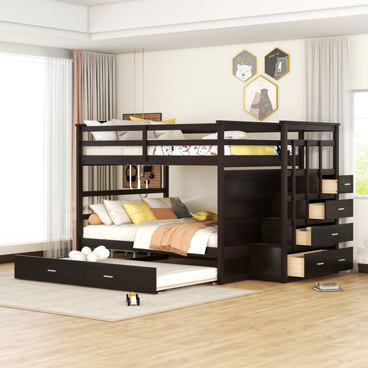 Full over Full Bunk Bed with Twin Size Trundle and Staircase - Espresso - primary color shot