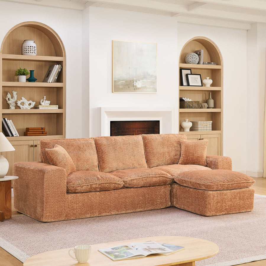 Modern Orange Boucle Sectional Sofa with Reversible Chaise, Cloud-Like Comfort Couch with Pillows, 107'' Living Room Furniture - detail view 2