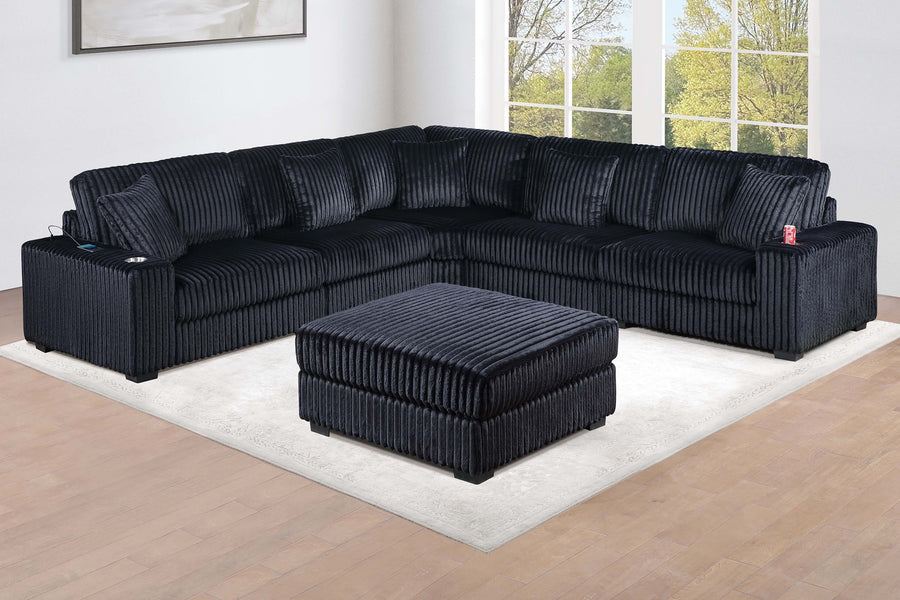 Contemporary Style 6-PC Modular Sectional Sofa Set USB Cup Holder Black Finish Corduroy Living Room Furniture Couch - primary color shot