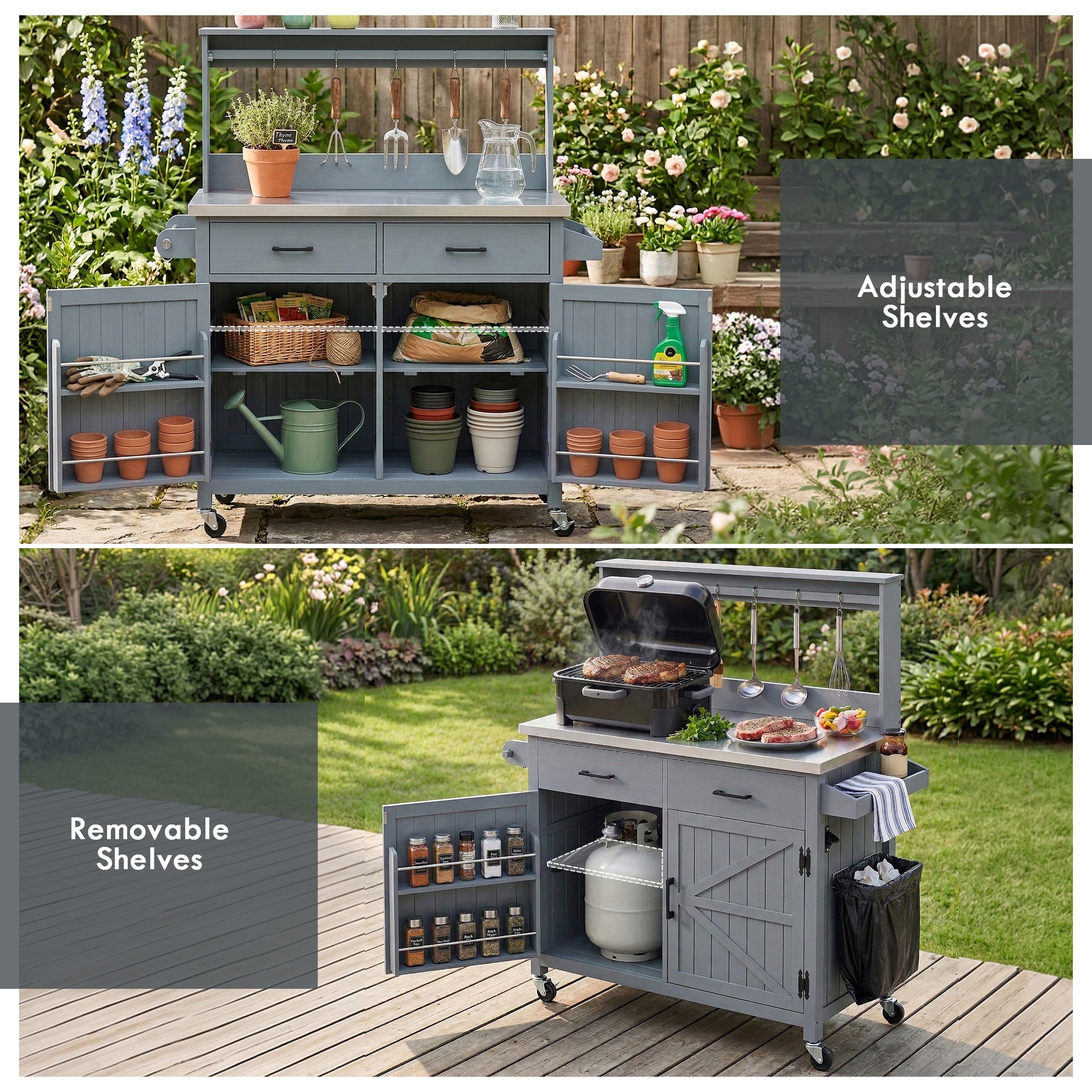 K&k 54.1' Outdoor Kitchen Island with High Shelf - Grey & Blue - detail view 6