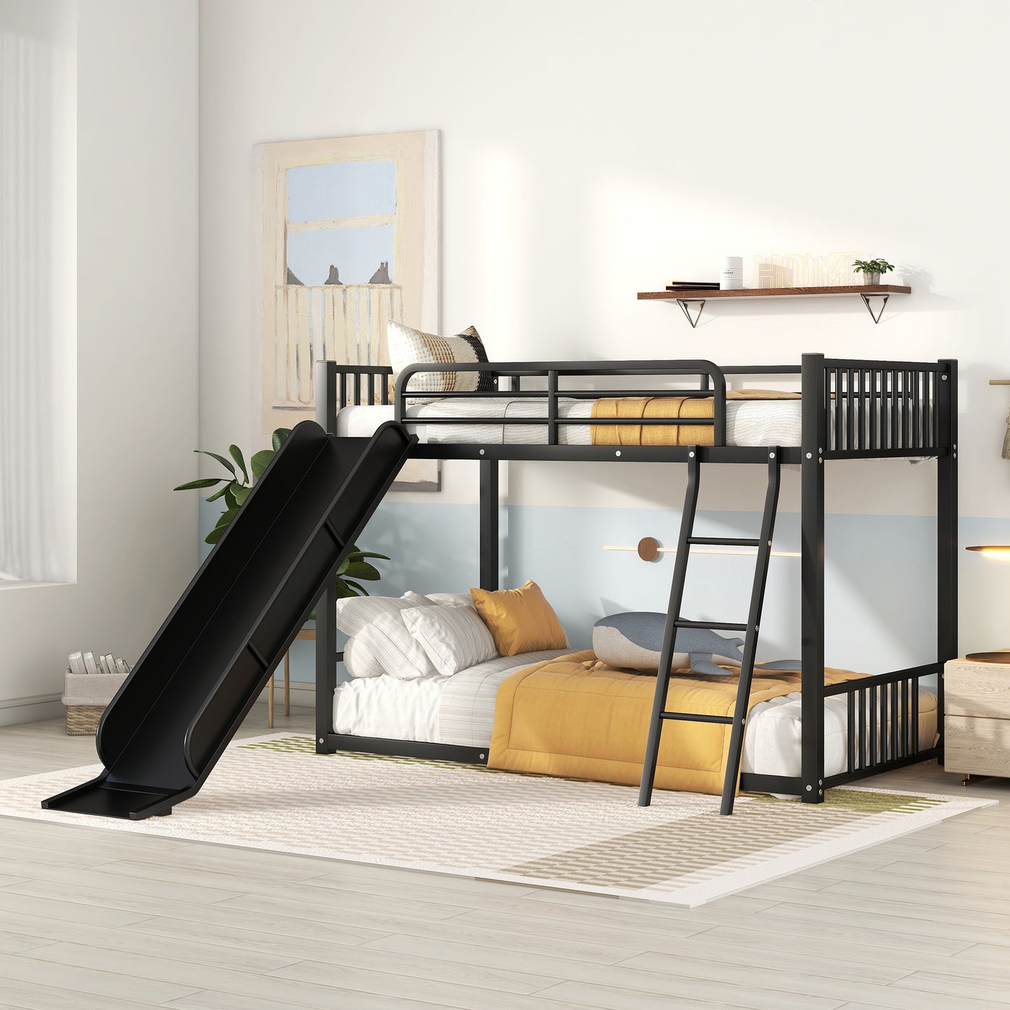 Megan Modern Black Metal Twin Bunk Bed with Slide
