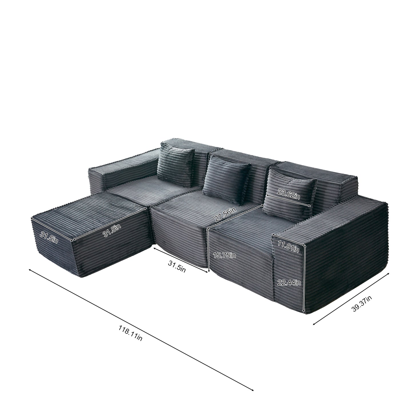 L-Shaped Modular Sectional Sofa, 3-Seater with Ottoman, Striped Corduroy Fabric, High-Density Foam For Home, Apartment, Office (Dark Gray) - detail view 4