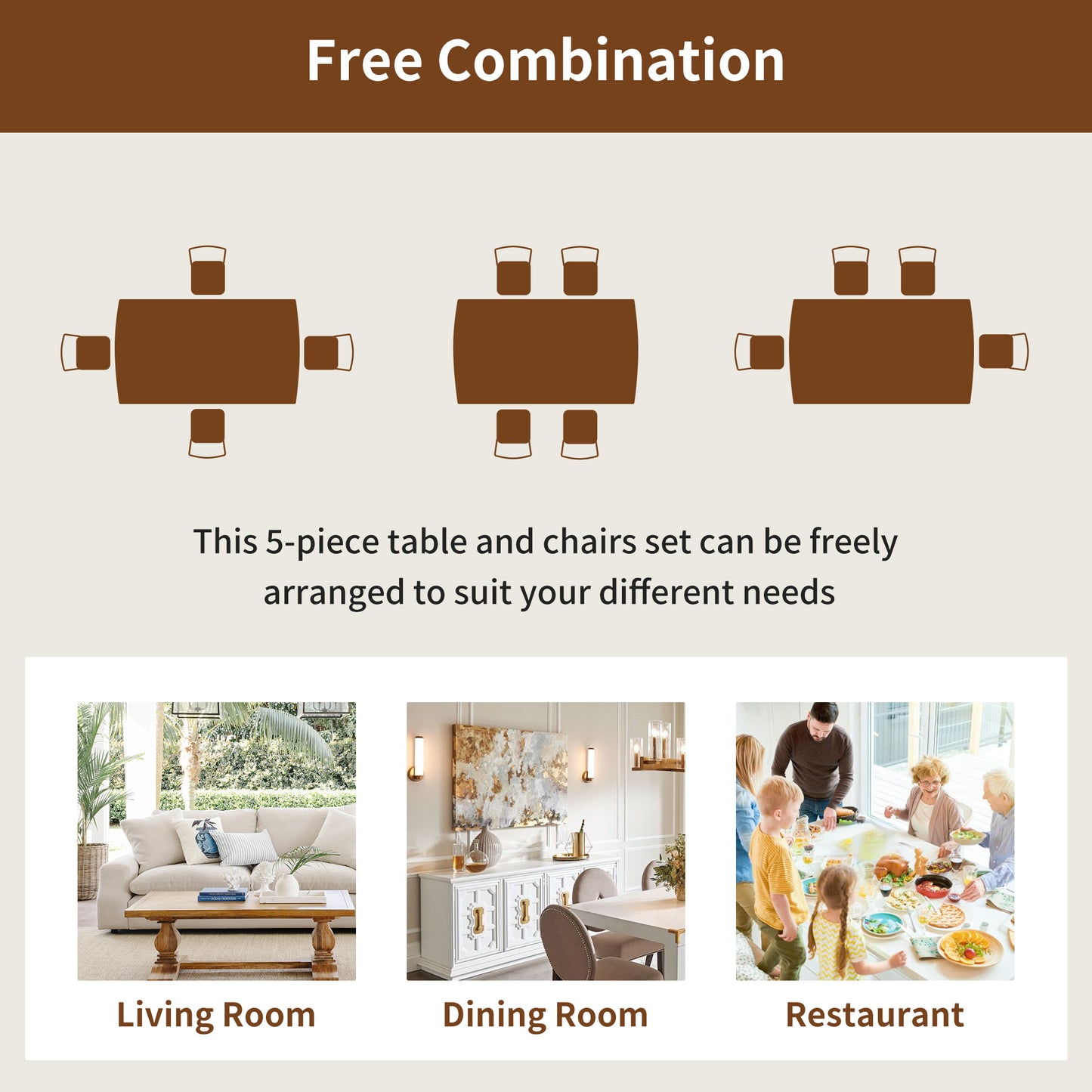 Farmhouse Dining Table Set for 4 - Brown+beige - detail view 8