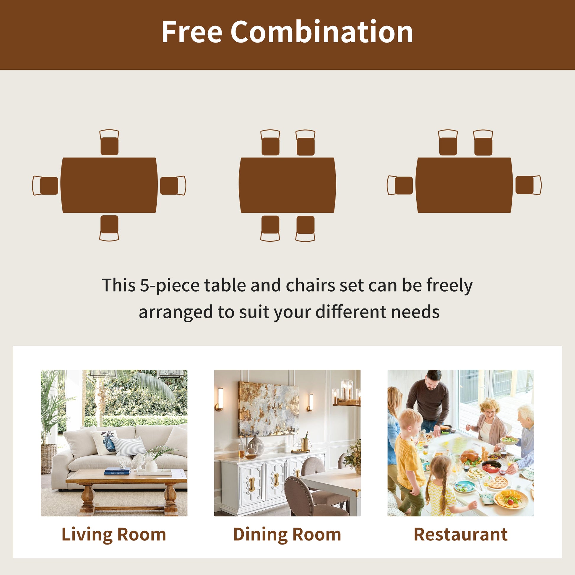 Farmhouse Dining Table Set for 4 - Brown+beige - detail view 8