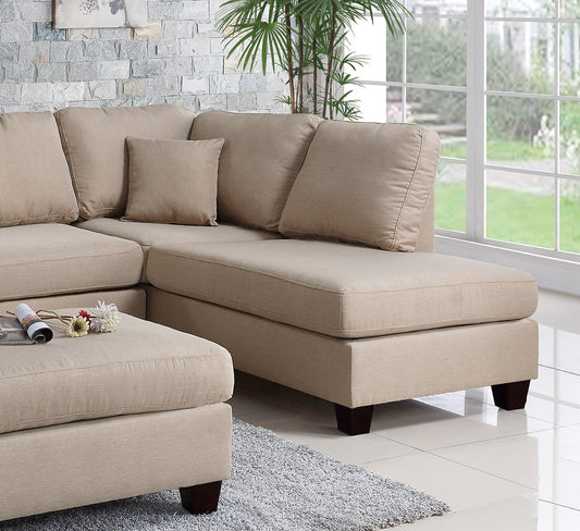 Sand Color 3pcs Sectional Living Room Furniture Reversible Chaise Sofa And Ottoman Polyfiber Linen Like Fabric Cushion Couch - detail view 2