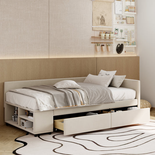 Brio Twin size Velvet Platform Bed with Storage and Drawers, Beige