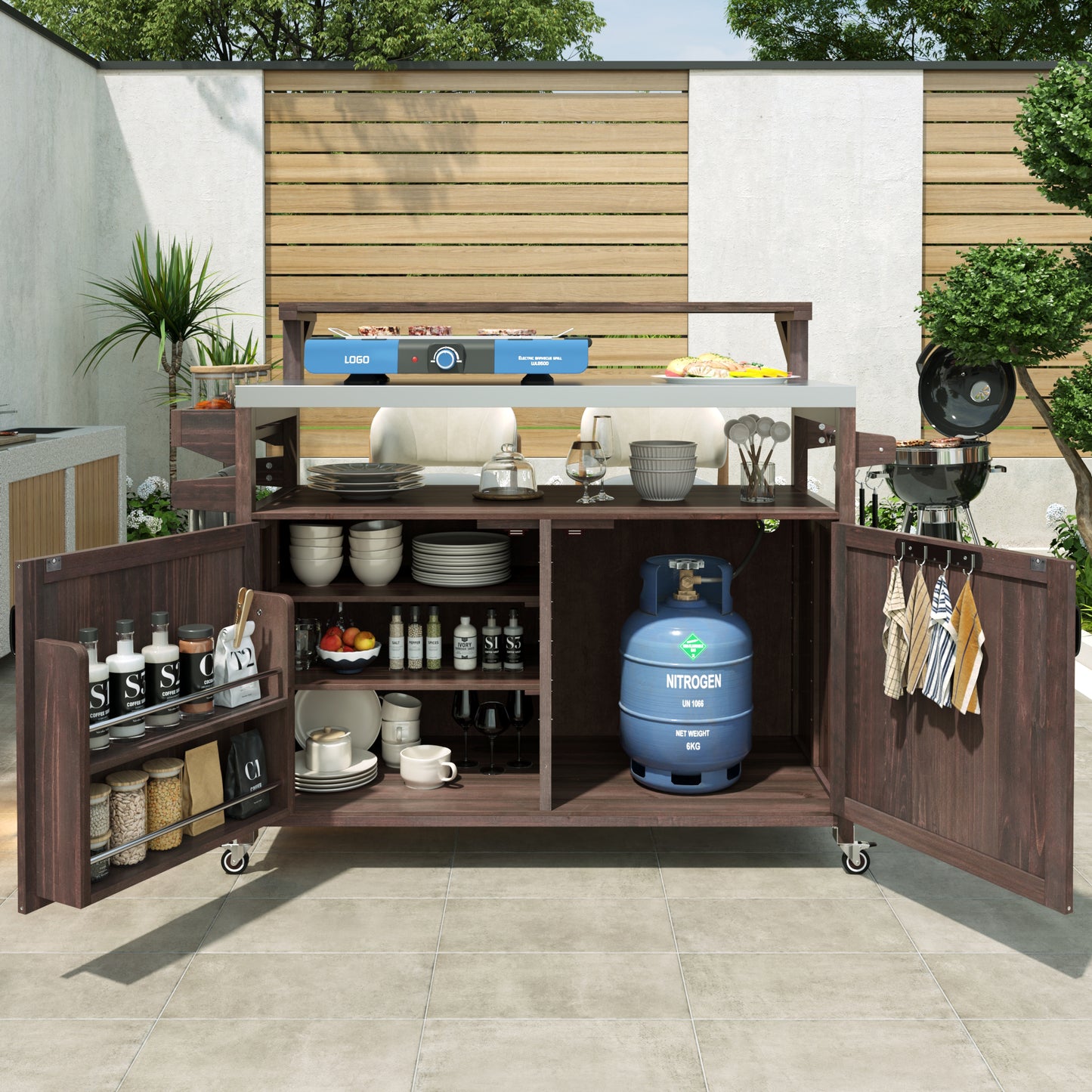K&k 53.3' Outdoor Kitchen Island with Raised Shelf - Brown - detail view 3