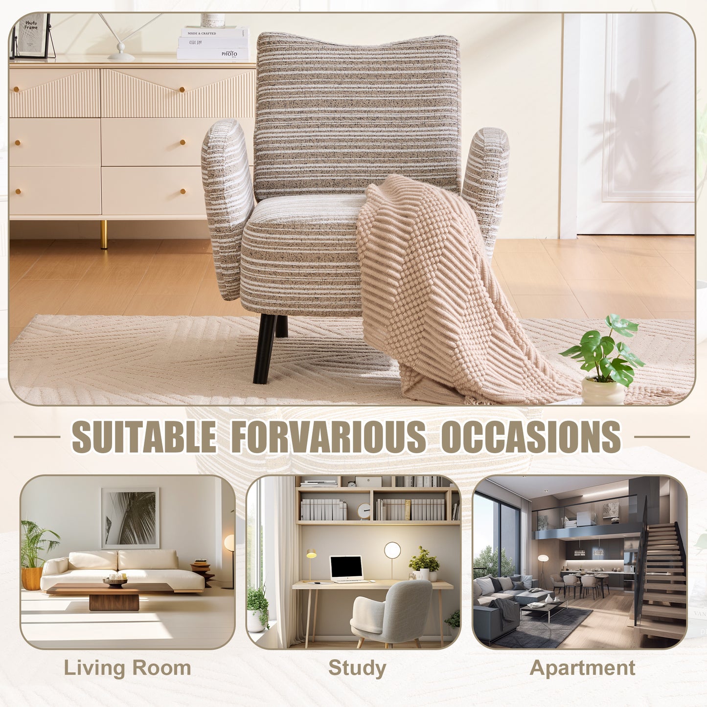 khaki Bouclé Accent Chair with Wood Legs - detail view 6