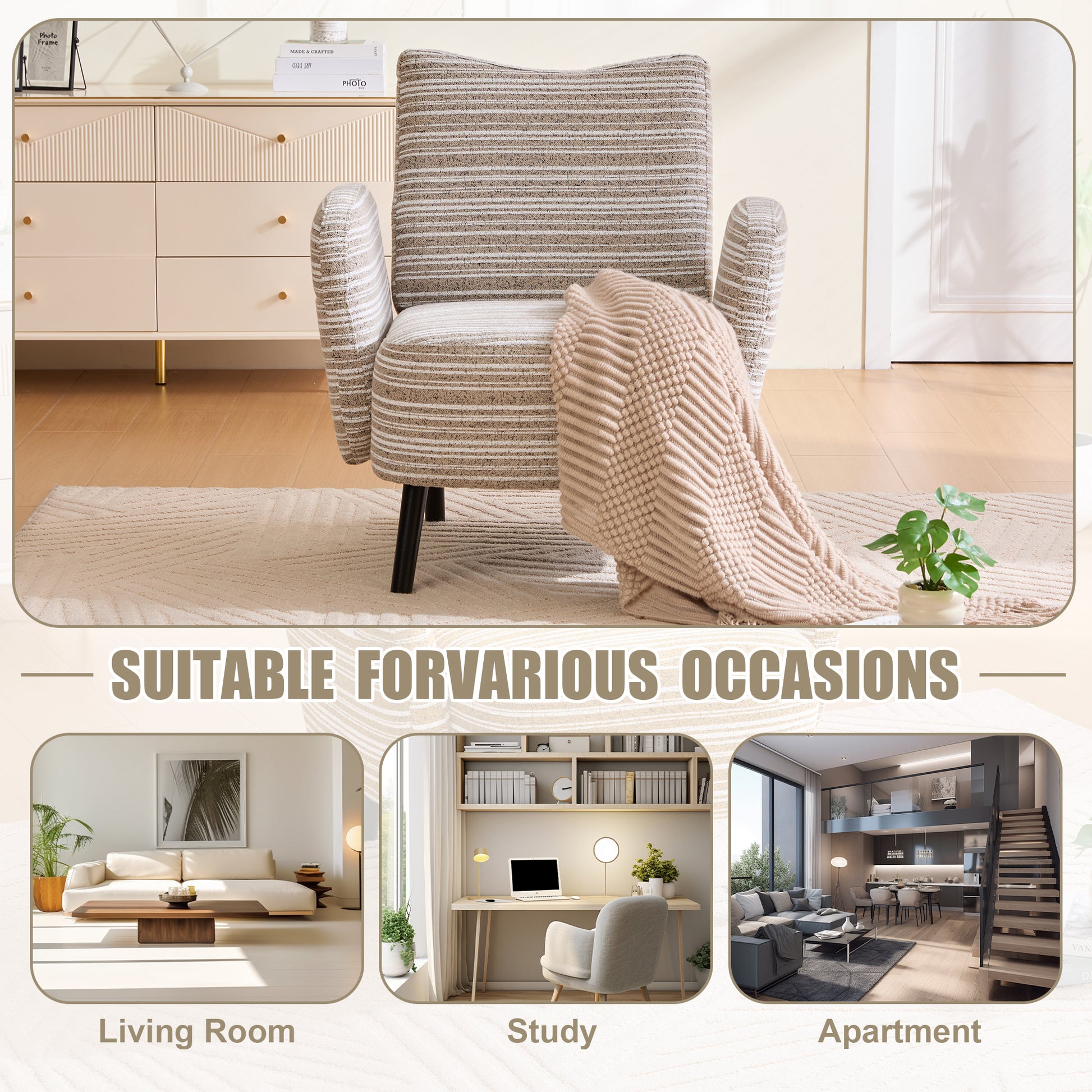 khaki Bouclé Accent Chair with Wood Legs - detail view 6