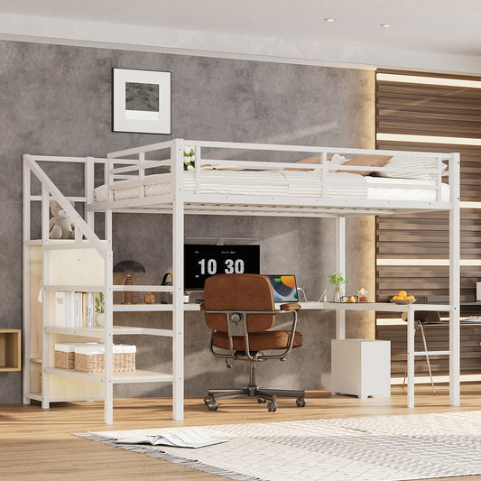 Queen Size Loft Bed with L-Shaped Desk and USB - White Straight Grain - primary color shot