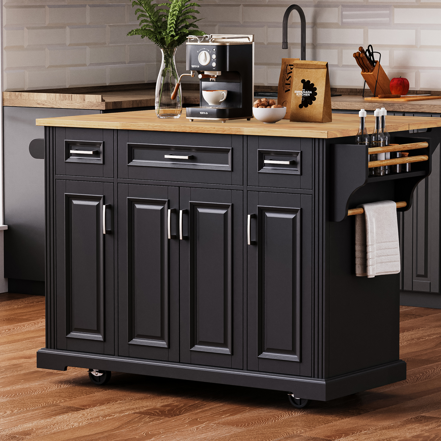 K&k 54" Large Kitchen Island with Rubber Wood Drop Leaf - Black - detail view 4