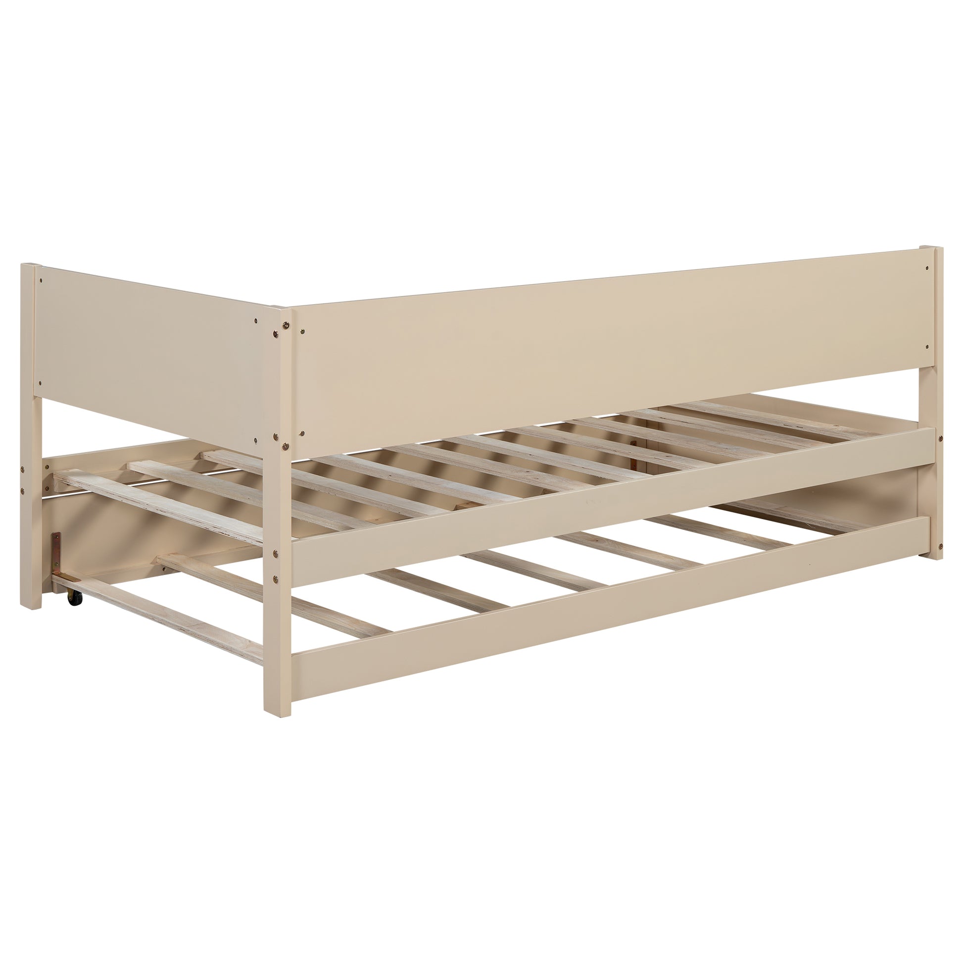 Damaris Twin Size Wood Daybed with Trundle and Guardrail, Beige