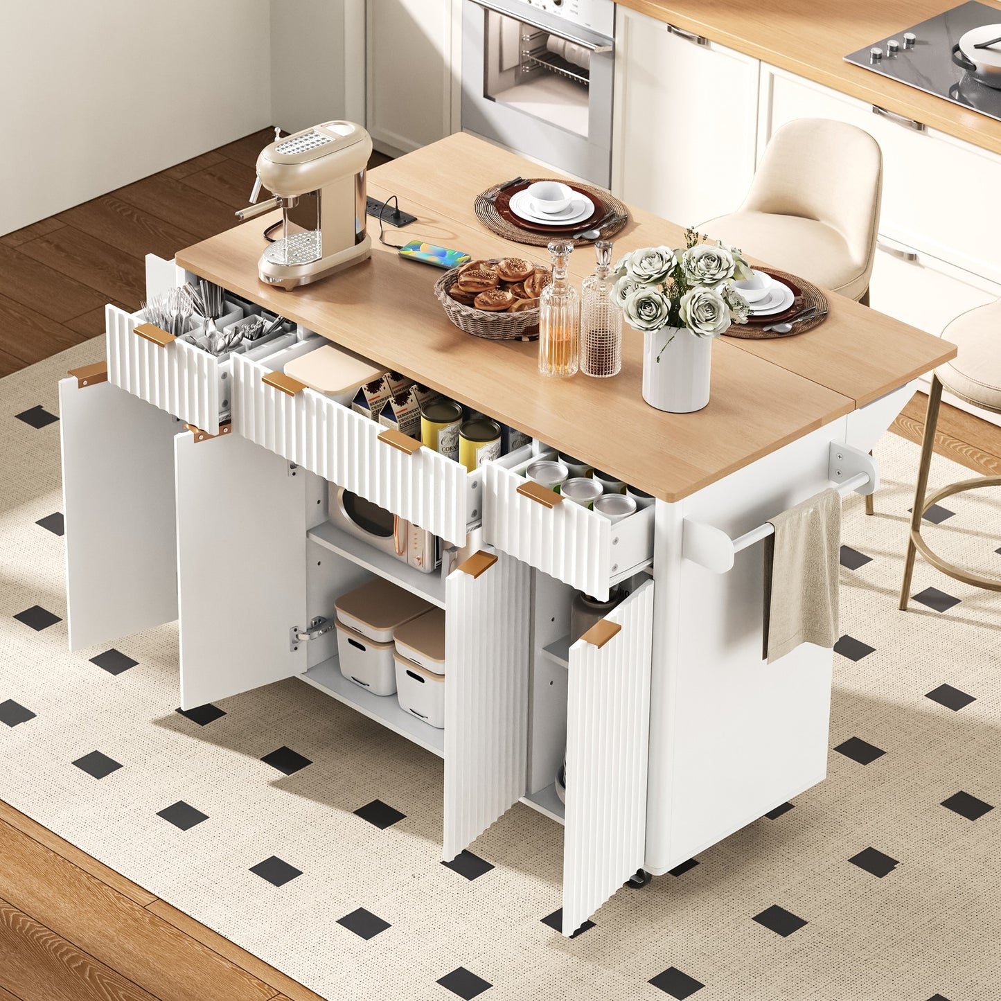 K&k Fluted Kitchen Island with Storage - White - primary color shot