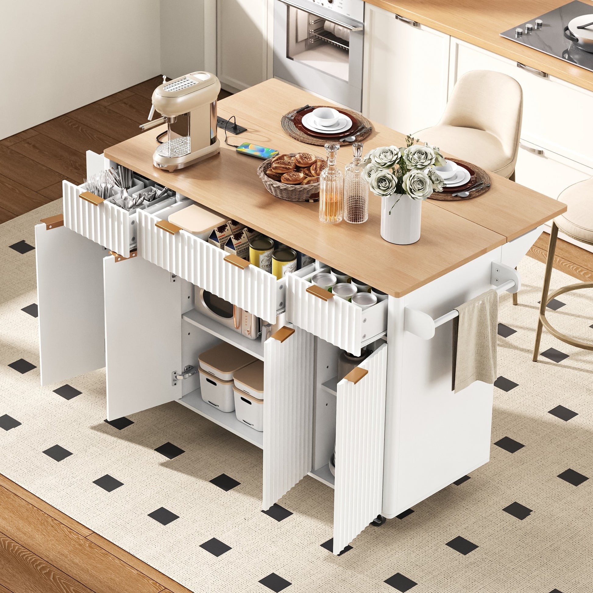 K&k Fluted Kitchen Island with Storage - White - primary color shot